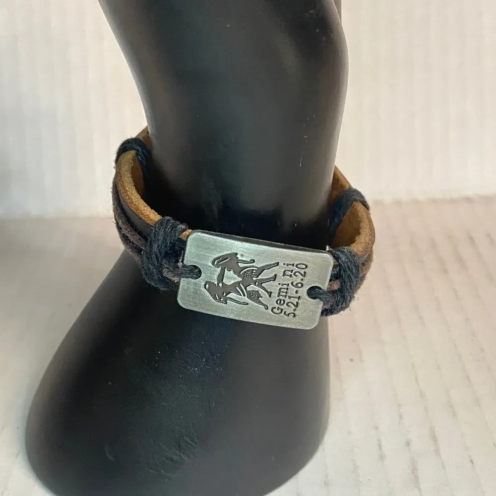 Women's Gemini Zodiac Pull-Tie Brown Faux Leather Adjustable Fashion Bracelet